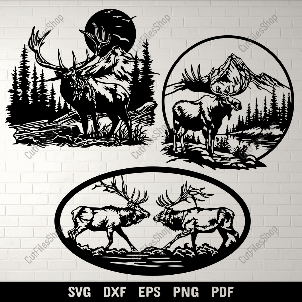 Preview of Wildlife Scenes DXF for CNC: Deer & Moose SVG for Cricut Projects