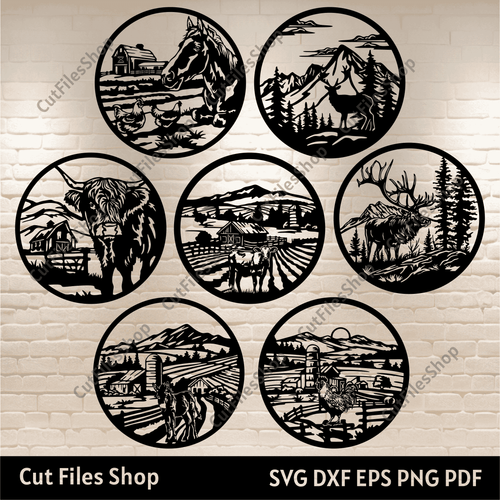 Farm Animals dxf for Laser, Plasma cutting, Svg for Cricut, Silhouette, CNC files for Cutting Machines, Farm life glowforge cut files, Circle panels dxf, Download Decorative Circle wall art decor, Cut files shop, horse dxf, elk svg, cow dxf, deer dxf for 