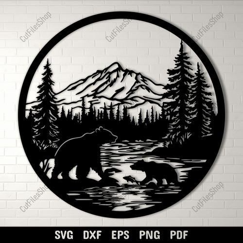 Bear Fishing DXF for CNC – Grizzly Bear with Fish SVG for Cricut & Laser Engraving