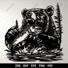 Load image into Gallery viewer, Download your favorite Bear with Fish SVG cut files today and create stunning crafts.
