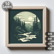 Load image into Gallery viewer, Preview of Layered Cabin in Woods SVG for Cricut, 3D Shadow Box Template, Dxf files
