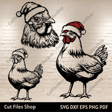 Load image into Gallery viewer, Christmas Chickens SVG, Cutting Files for Cricut &amp; Silhouette, Sublimation T-Shirt Design, DXF for Laser Engraving, Christmas Farm PDF
