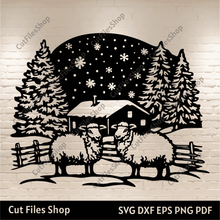 Load image into Gallery viewer, SVG Christmas Farm with Sheep, Cut Files for Cricut &amp; Glowforge, DXF for CNC, Sublimation Design for Holiday Decor, Best Christmas Site
