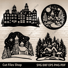 Load image into Gallery viewer, Christmas Village Svg, Christmas Church Cut files for Cricut &amp; Glowforge, Dxf for CNC, Winter Scene Clipart, DIY Holiday Decor, Santa Sleigh Svg
