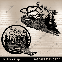 Load image into Gallery viewer, Polar Express Train SVG, Santa Sleigh Cut Files for Cricut &amp; Glowforge, Winter Scene DXF for CNC, Christmas Train Decor, Mountain Range Dxf, Forest scene EPS
