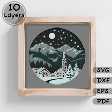 Load image into Gallery viewer, 3D Layered Christmas Village Shadow Box Template - Multilayer SVG for Cricut, Silhouette, Layered Paper Art, Instant Download
