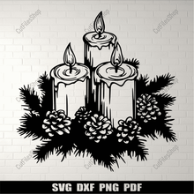 Load image into Gallery viewer, DIY Christmas candle decor made easy with our SVG, DXF, and PNG cut files., Christmas Wall decal, Christmas cones Dxf
