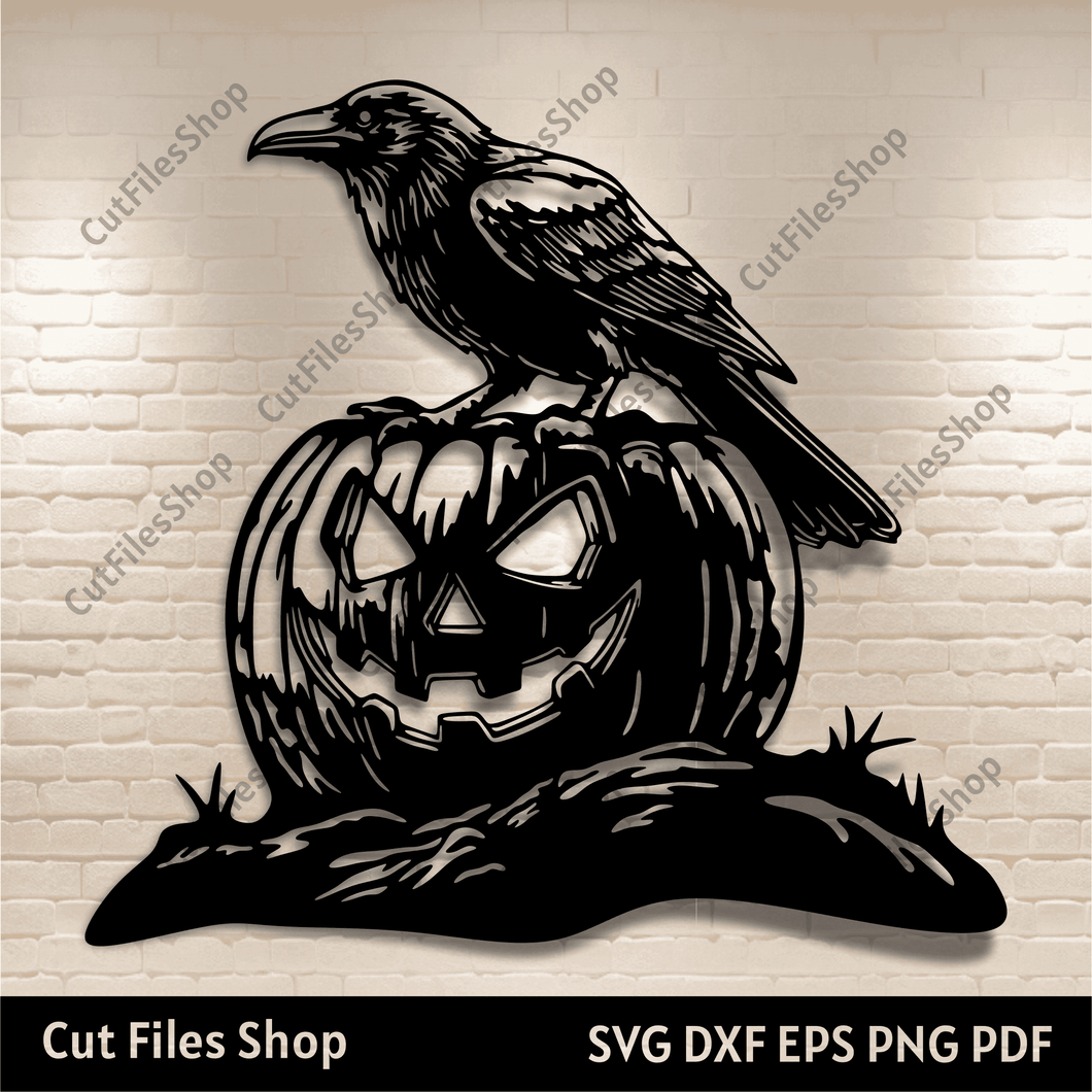 Crow with Pumpkin Dxf Svg for Cricut, Silhouette & CNC Laser Cut, Jack O Lantern Svg for T-shirt/Mug Design, raven svg, Halloween decor DIY, Creative Online Store