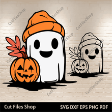 Load image into Gallery viewer, Cute Ghost With Hat Svg, Halloween Mug Design, Cricut Cut Files, Sublimation T-shirt Design, DIY Craft Supply
