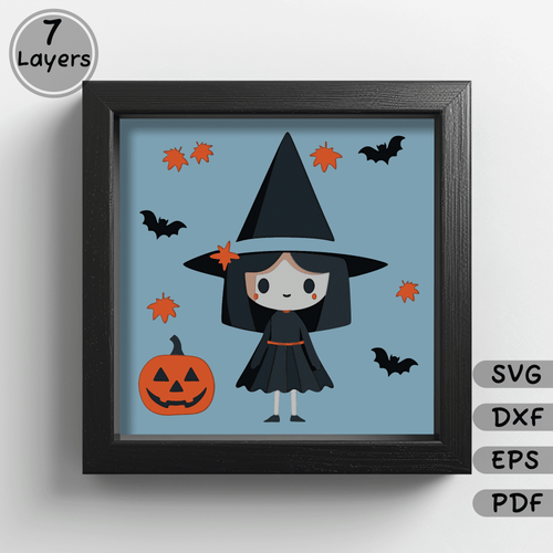 Cute Witch 3D Shadow Box Svg Template, Layered papercut svg, Halloween decorations diy paper