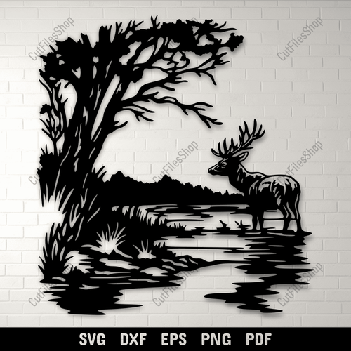 Lake Scene Deer SVG Cut Files, CNC DXF for Laser Cutting, Sublimation Art, DIY Wall Decor - Cut files shop