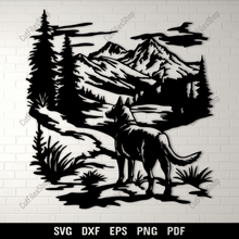 Load image into Gallery viewer, German Shepherd in the Mountains SVG, DXF for Laser Cutting, CNC &amp; Metal Art
