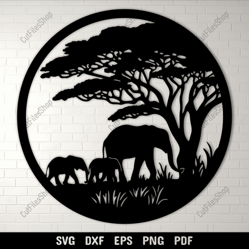 Elephant Scene DXF SVG Files for CNC, Cricut, and Silhouette Projects