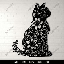 Load image into Gallery viewer, Cat with Flowers SVG &amp; DXF – Cricut, CNC, and Paper Craft Design
