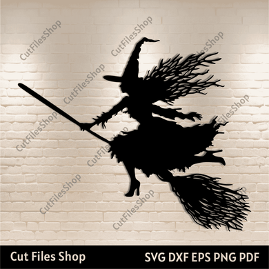 Flying Witch SVG, Cut File for Cricut, Witch on Broom Svg, Sublimation T-shirt Design, Halloween Decor DIY, Instant Download, Dxf for Laser cut, Silhouette Witch