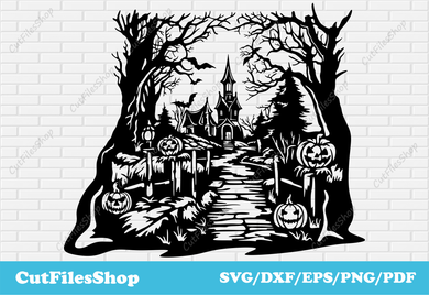 Halloween scene svg, Halloween for Cricut, svg Halloween party, Dxf Halloween for laser, png halloween for t shirt, halloween cutting files, silhouette halloween, fall scene svg, fall for cricut, bat svg, halloween stencils, halloween patterns, scary haunted hause, scary pumpkins svg