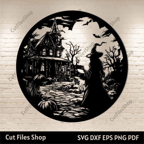 Haunted House With Witch Svg, Cricut cut files, Sublimation T-shirt design, Glowforge cut files, Halloween Laser engraving, Halloween decor DIY