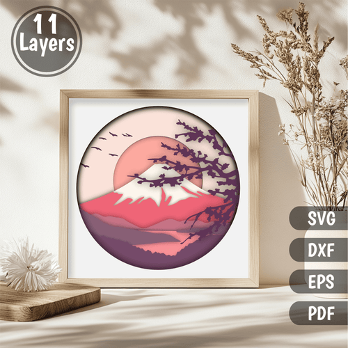 Japanese Mountain Layered Shadow Box SVG, 3D Cricut Design, Glowforge DIY Art Template, Sakura Svg