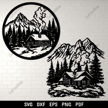 Load image into Gallery viewer, Mountain Cabin Scenes DXF SVG Files for Laser Cut, Cricut, and CNC Projects
