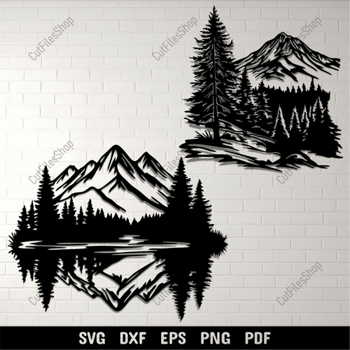 Preview of Nature Scenes DXF for CNC Laser Cutting, Mountains SVG for Cricut Projects