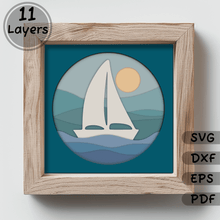 Load image into Gallery viewer, 3D Sailboat Shadow Box Layered SVG, DIY Home Decor, Cricut Silhouette SVG, Laser Cut DXF, Papercut Template, Instant Download
