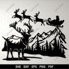 Load image into Gallery viewer, Elevate your Christmas crafts with our free Santa&#39;s Sleigh and Reindeer SVG cut files. Compatible with Cricut, Silhouette, CNC, Sublimation, and DTF printing. Download now and unleash your creativity!
