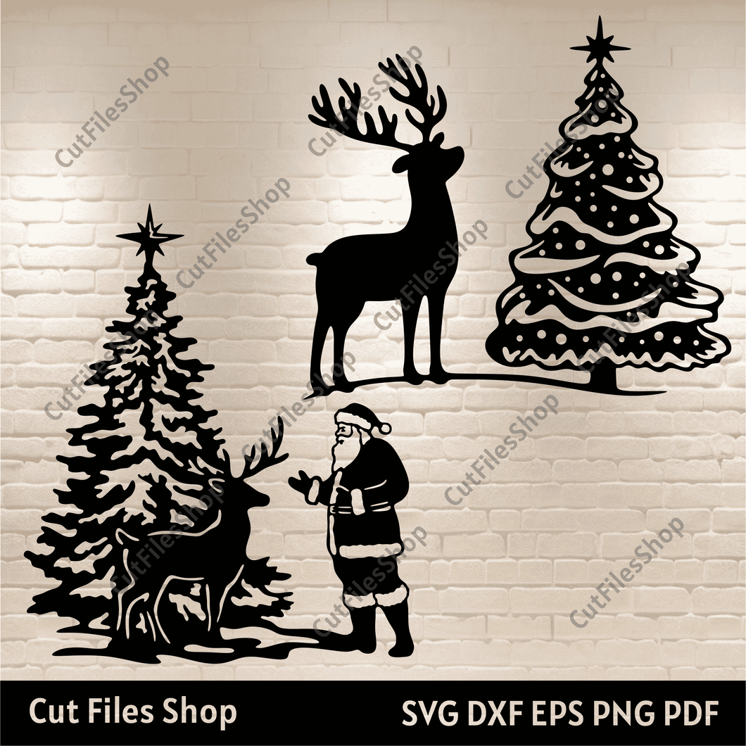 Santa and Reindeer SVG, Cut Files for Cricut & Silhouette, Christmas Tree DXF for CNC, DIY Christmas Decor, Santa Sleigh SVG, Holiday Svg, Dxf for Plasma