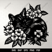 Load image into Gallery viewer, Sleeping Cat SVG for Cricut &amp; CNC, Floral Cat DXF for Laser, Sweatshirt Design
