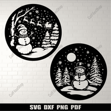 Load image into Gallery viewer, Snowman Svg Files, Cricut Project, Silhouette cut files, DXF for CNC, Sublimation Design, DIY Christmas Gift, Winter scene svg
