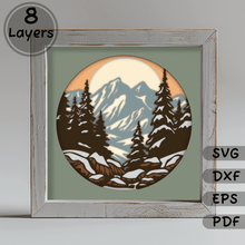 Load image into Gallery viewer, 3D Layered Snowy mountains Svg for Cricut, 3D Light Box Crafts, Svg For Silhouette, Glowforge Cut Files, Multilayer, laser cut vector
