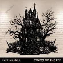 Load image into Gallery viewer, Spooky Haunted House SVG EPS DXF files for Cricut, Silhouette, Glowforge, CNC Laser Cutting, T-shirt / Halloween Decor DIY, Jackolantern Svg, Fall decor Creating
