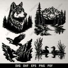 Load image into Gallery viewer, Wildlife Scenes CNC Art, DXF for Laser &amp; Plasma Cutting, SVG for Cricut &amp; Vinyl, Wolf, Flying Eagle, ducks scene, nature
