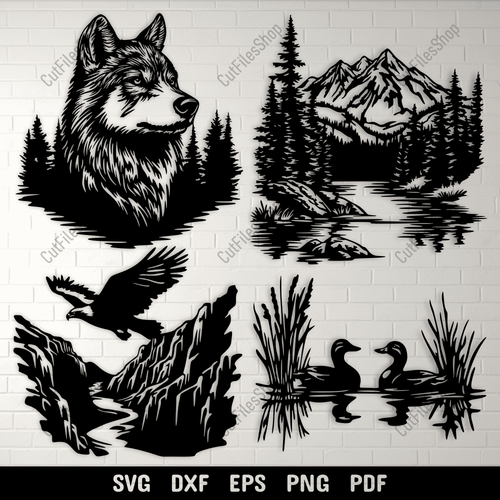 Wildlife Scenes CNC Art, DXF for Laser & Plasma Cutting, SVG for Cricut & Vinyl, Wolf, Flying Eagle, ducks scene, nature