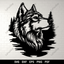 Load image into Gallery viewer, Wolf in Forest SVG, Cricut Cutting Files, CNC DXF for Laser &amp; Plasma, Sublimation Art
