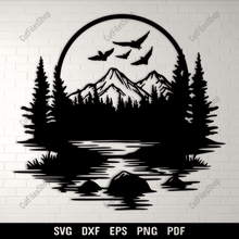 Load image into Gallery viewer, Wildlife Scene SVG with Flying Ducks, Vinyl Cutting Files, CNC Laser DXF, DIY Wall Art
