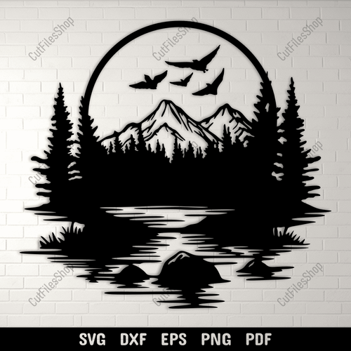 Wildlife Scene SVG with Flying Ducks, Vinyl Cutting Files, CNC Laser DXF, DIY Wall Art