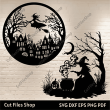 Load image into Gallery viewer, Witch Stirring Bubbling Pot SVG, Flying Witch Cut Files for Cricut &amp; Silhouette, DXF for CNC Metal Cutting, Halloween Sublimation Design, Best free svg site
