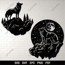 Load image into Gallery viewer, Wolf Standing on Cliff DXF SVG Files for CNC, Cricut, and Silhouette Projects
