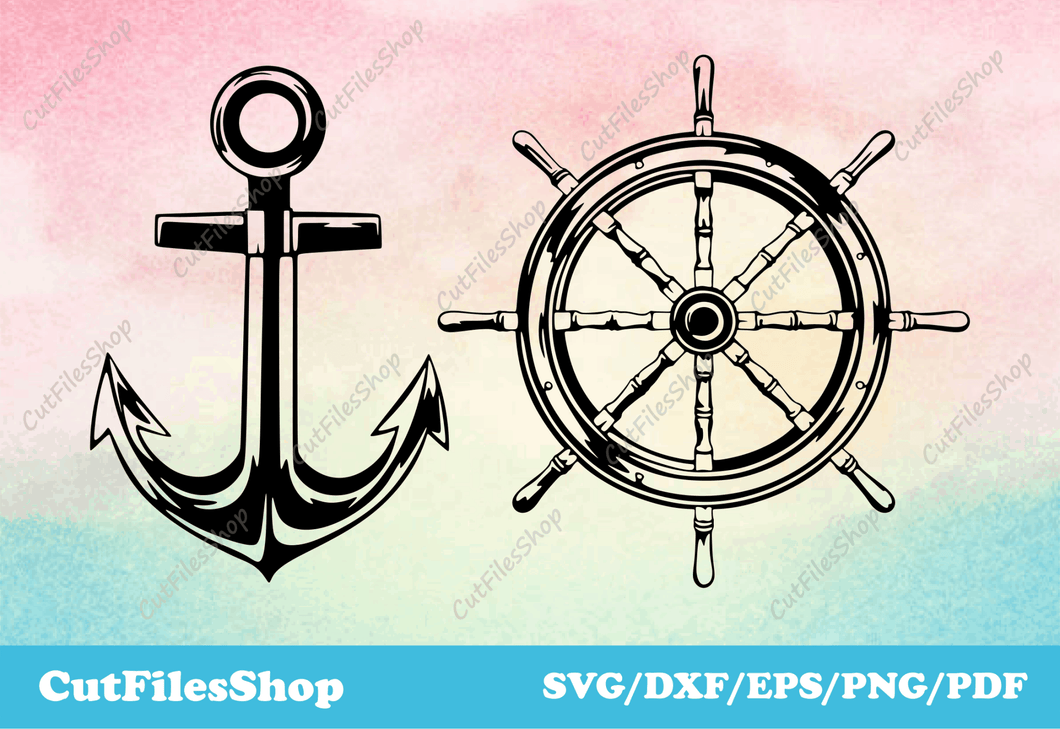 Anchor svg, Ship wheel svg, dxf for wood cut, svg for cricut, dxf for laser, Silhouette files - Cut Files Shop