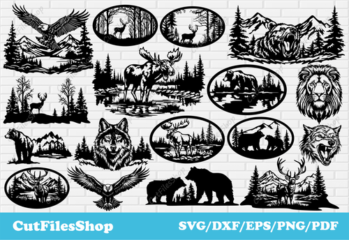 Animals scenes dxf for Laser and Plasma cutting, oval nature scenes for decor making, dxf for cnc, wildlife scenes svg for cricut - Cut Files Shop