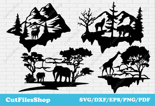 Animals scenes dxf for laser cutting, Mountains scenes svg for cricut, Decor Making dxf, Wall stickers making svg - Cut Files Shop