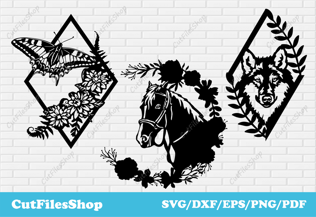 Animals with flowers dxf for laser cut, animals wall art, home decor dxf for plasma, Digital wall decor - Cut Files Shop