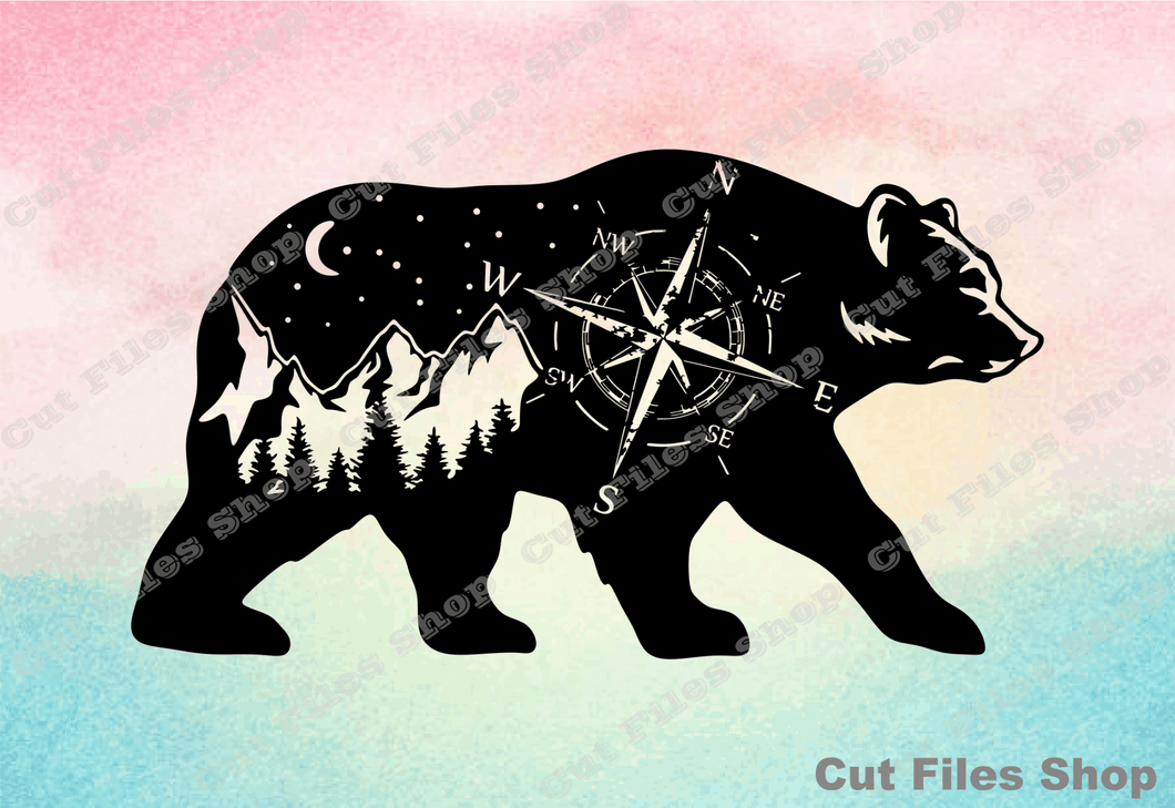 Bear cut file, bear silhouette, nature scene, wild animal wall art, cnc dxf file - Cut Files Shop