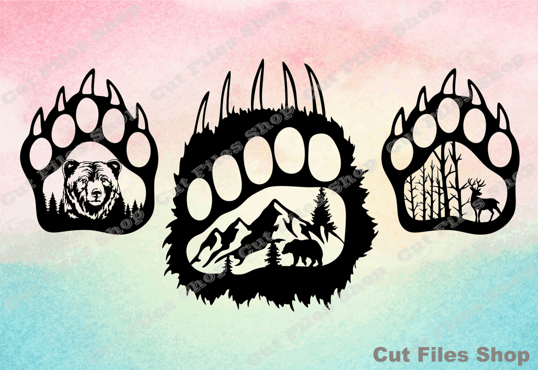 Bear paw svg, bear cut file, wild animal wall art, cnc dxf file, laser cut wall art - Cut Files Shop