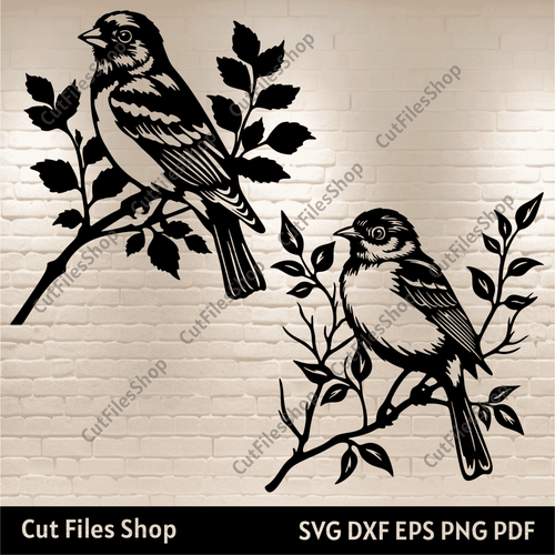 Bird on Branch Svg cut files for Cricut, Birds Dxf for Laser cut, Dxf for CNC, Sparrow Silhouette Cut files - Cut Files Shop