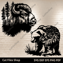 Load image into Gallery viewer, Bison in the forest Svg, Bear nature Svg, Cutting files for Cricut, Dxf for Laser cut - Cut Files Shop
