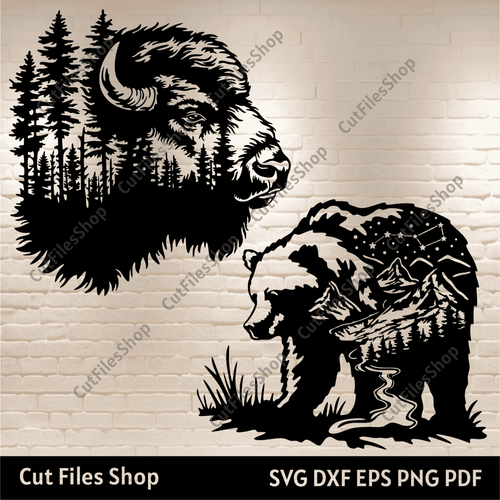 Bison in the forest Svg, Bear nature Svg, Cutting files for Cricut, Dxf for Laser cut - Cut Files Shop