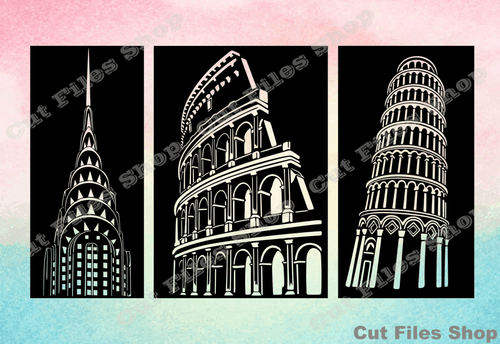 Buildings cut files, Chrysler building svg, Colosseum svg, Tower of Pisa svg, vector files - Cut Files Shop