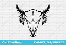 Load image into Gallery viewer, Bull skull dxf svg cut files for cricut, Laser cutting, svg for shirts, svg for laser engraving - Cut Files Shop
