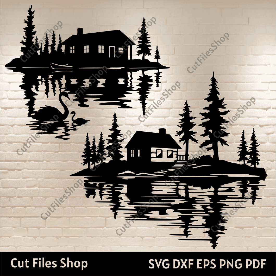 Cabin on a lake Dxf for Laser cut, swan on a lake svg, Cnc cutting files, Dxf for Plasma, Svg for Cricut - Cut Files Shop